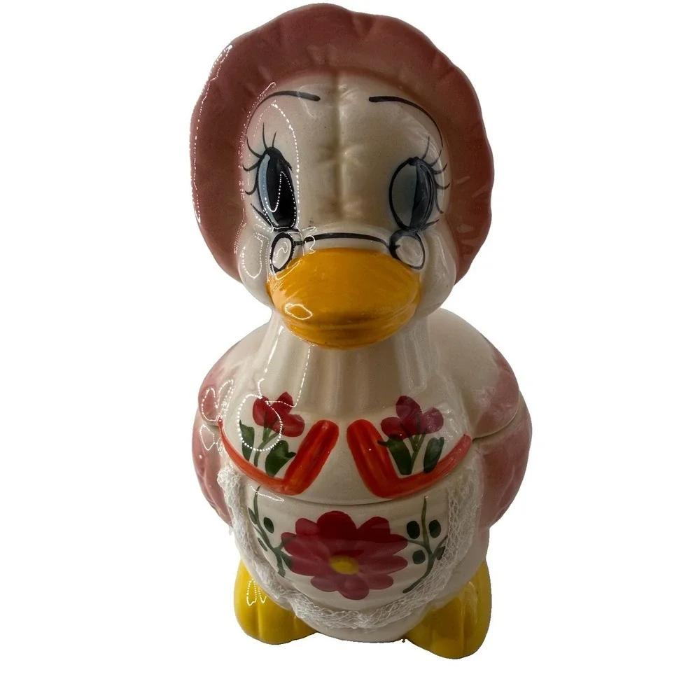 Vintage Duck Canister Cookie Jar Country Cottage Ceramic Mom Dad Ducks Lace Set